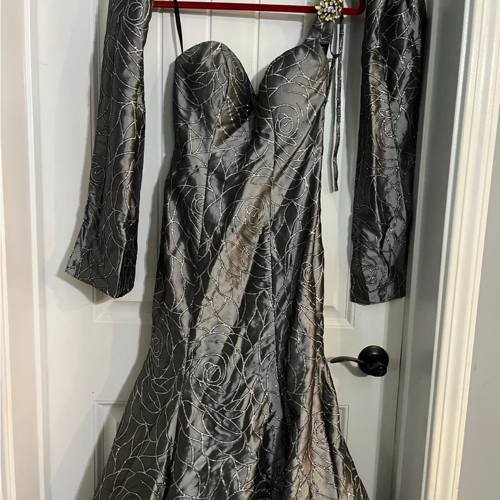 Elegant Silver Strapless Evening Gown with  shaw brand is Alyce design
